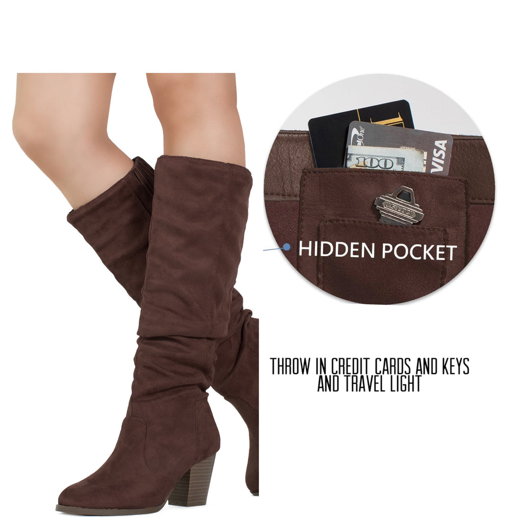 "Regular Calf" Stacked Heel Dress Knee High Boots BROWN