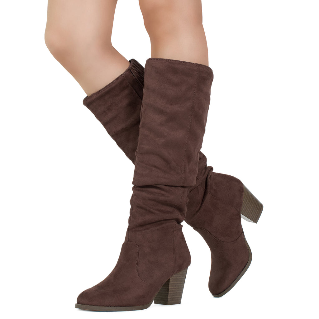 "Regular Calf" Stacked Heel Dress Knee High Boots BROWN