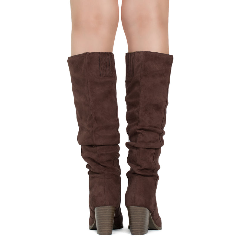 "Regular Calf" Stacked Heel Dress Knee High Boots BROWN