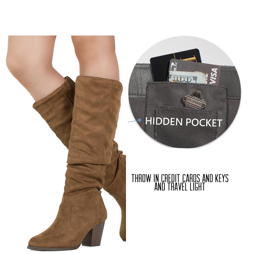 "Regular Calf" Stacked Heel Dress Knee High Boots COFFEE