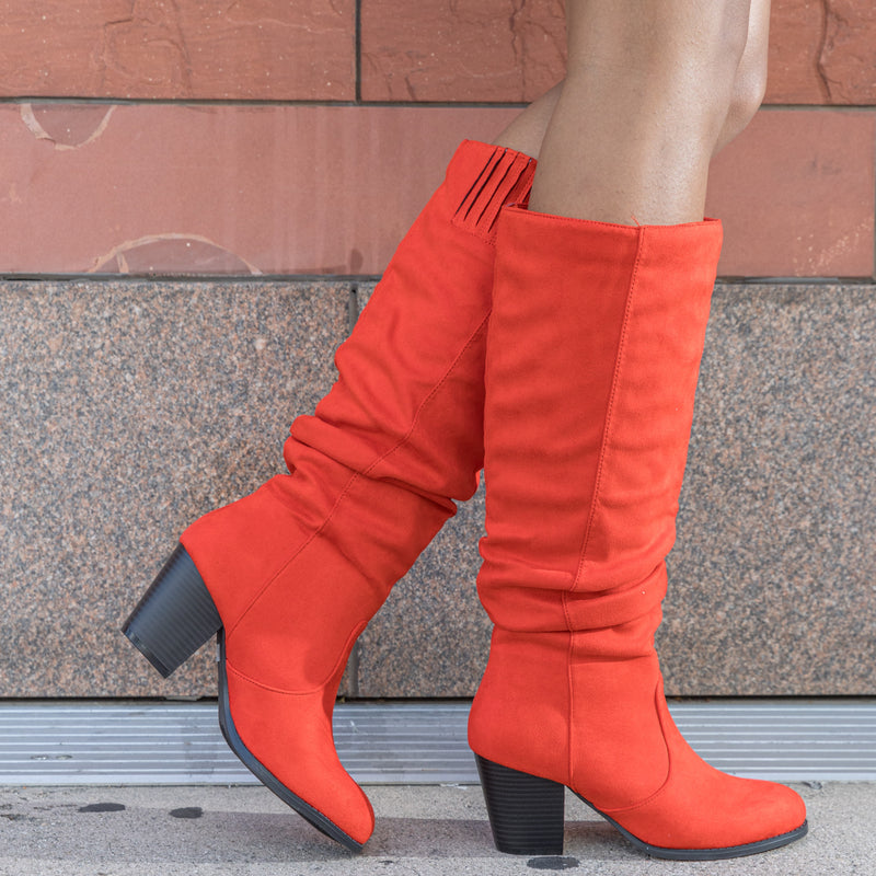 "Regular Calf" Stacked Heel Dress Knee High Boots RED