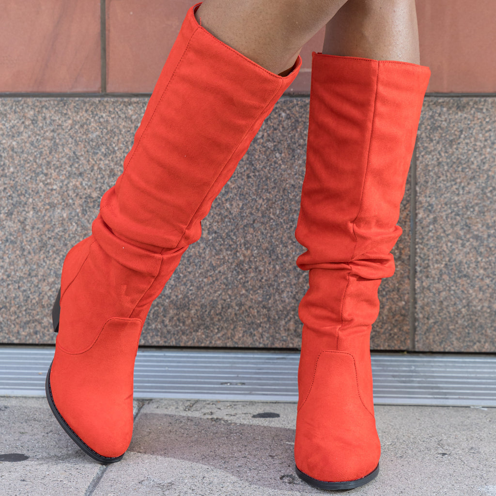 "Regular Calf" Stacked Heel Dress Knee High Boots RED