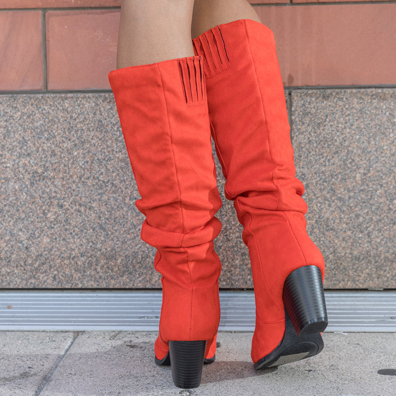 "Regular Calf" Stacked Heel Dress Knee High Boots RED