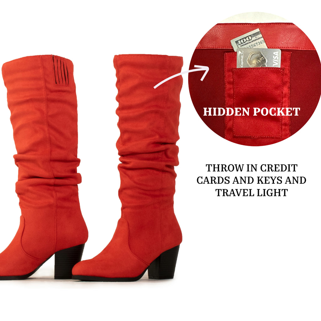 "Regular Calf" Stacked Heel Dress Knee High Boots RED