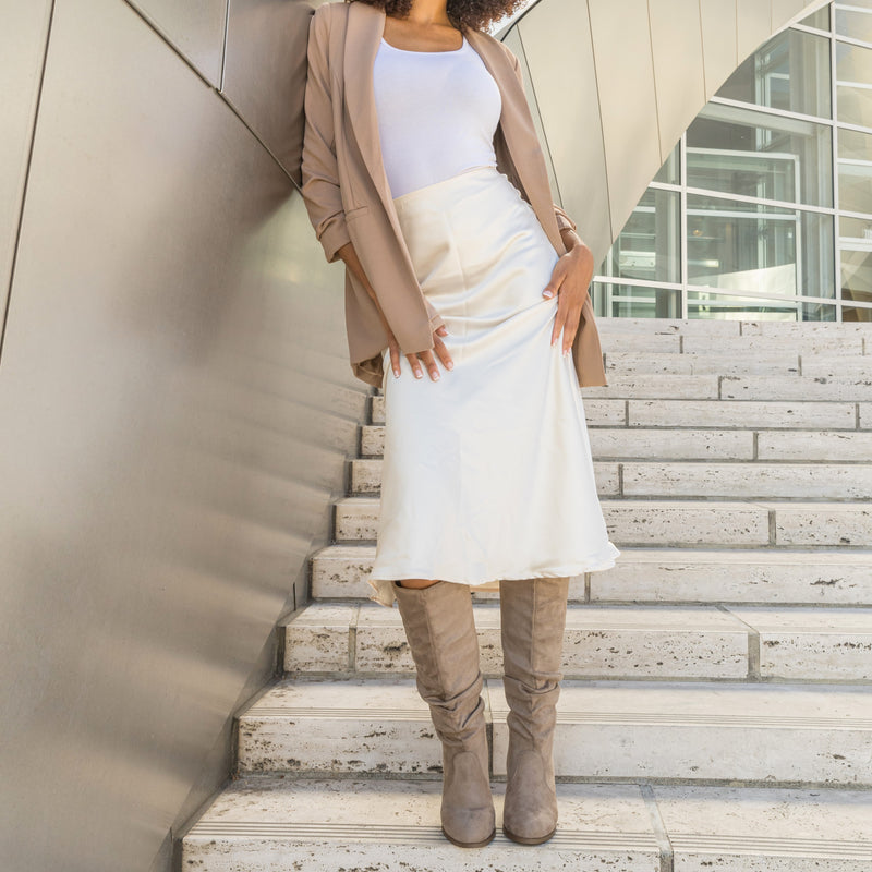 "Regular Calf" Stacked Heel Dress Knee High Boots TAUPE