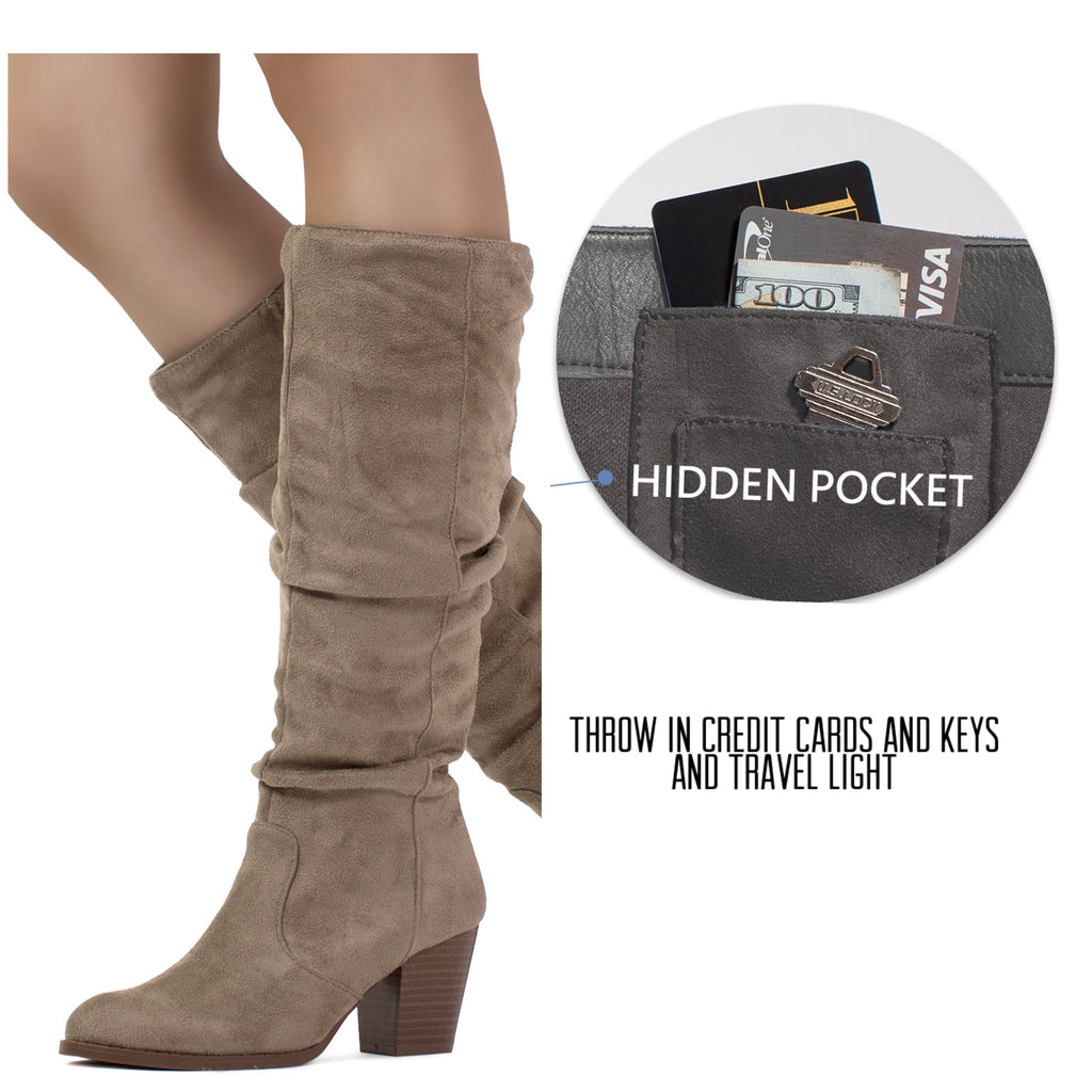 "Regular Calf" Stacked Heel Dress Knee High Boots TAUPE