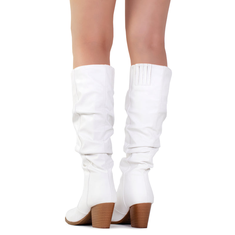 "Regular Calf" Stacked Heel Dress Knee High Boots WHITE