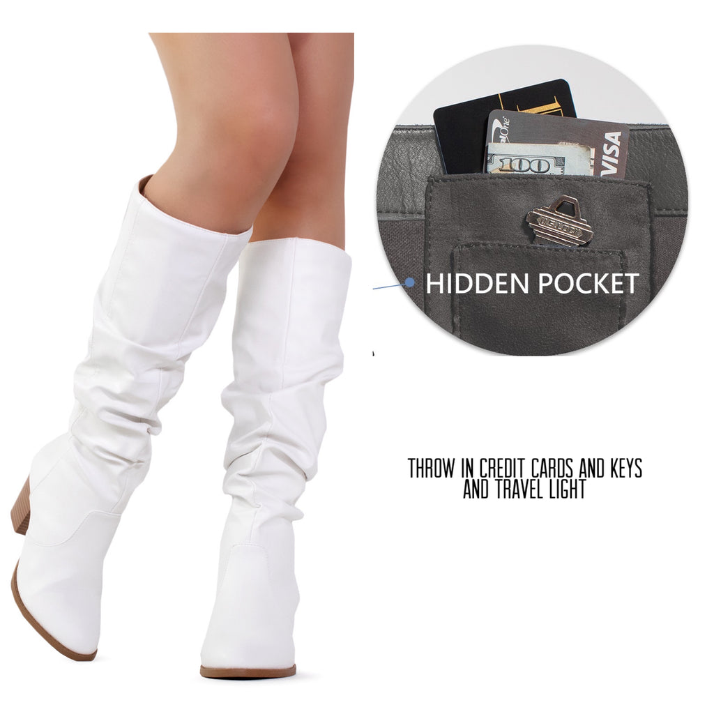 "Regular Calf" Stacked Heel Dress Knee High Boots WHITE