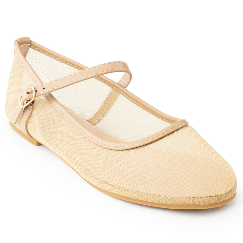 Buckle Strap Mesh Mary Jane Ballet Flats CAMEL