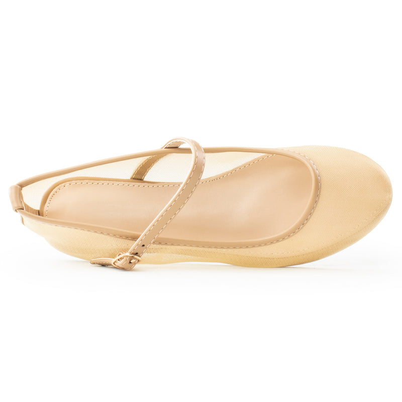 Buckle Strap Mesh Mary Jane Ballet Flats CAMEL