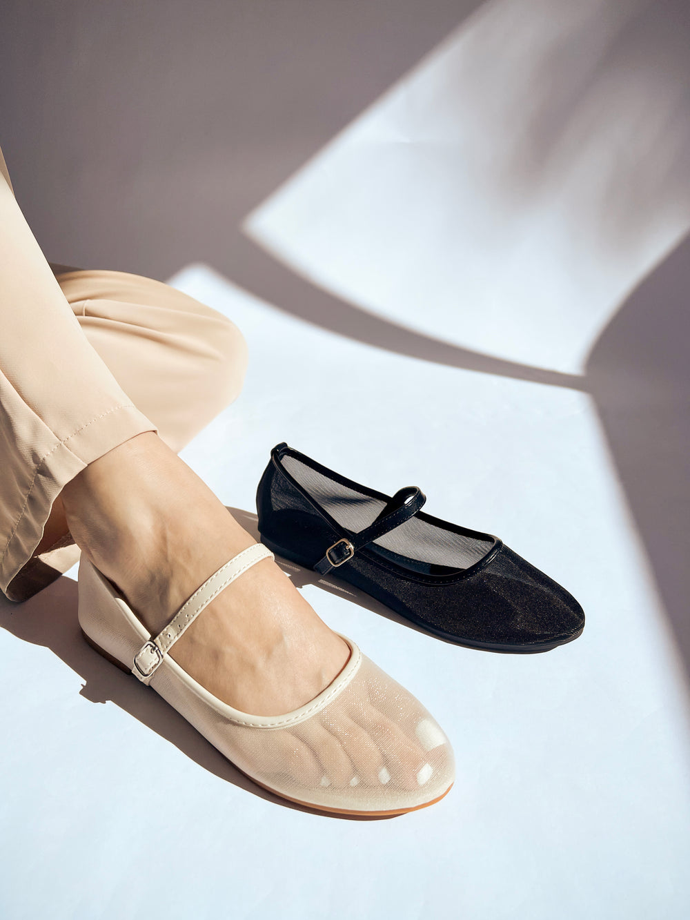 Buckle Strap Mesh Mary Jane Ballet Flats IVORY – Room Of Fashion