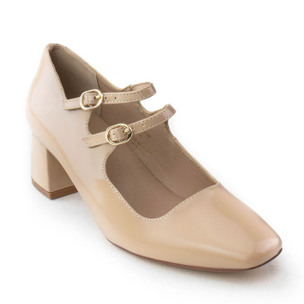 "Wide Width" Square Toe Medium Chunky Heel Mary Jane Pumps NUDE PATENT