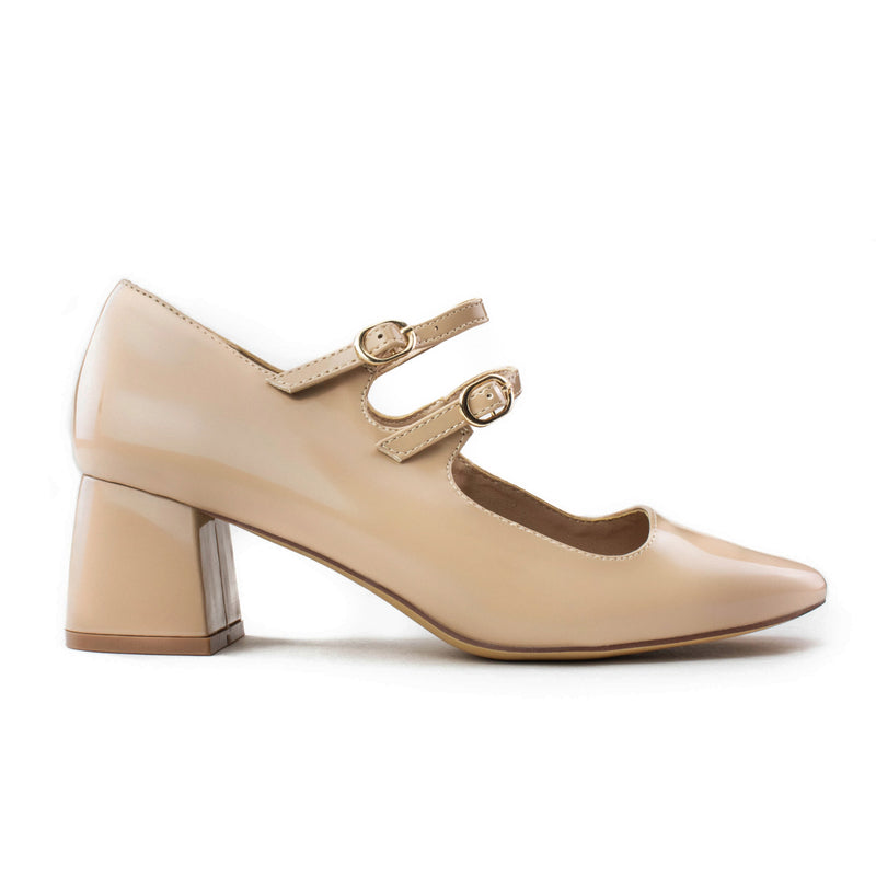 "Wide Width" Square Toe Medium Chunky Heel Mary Jane Pumps NUDE PATENT