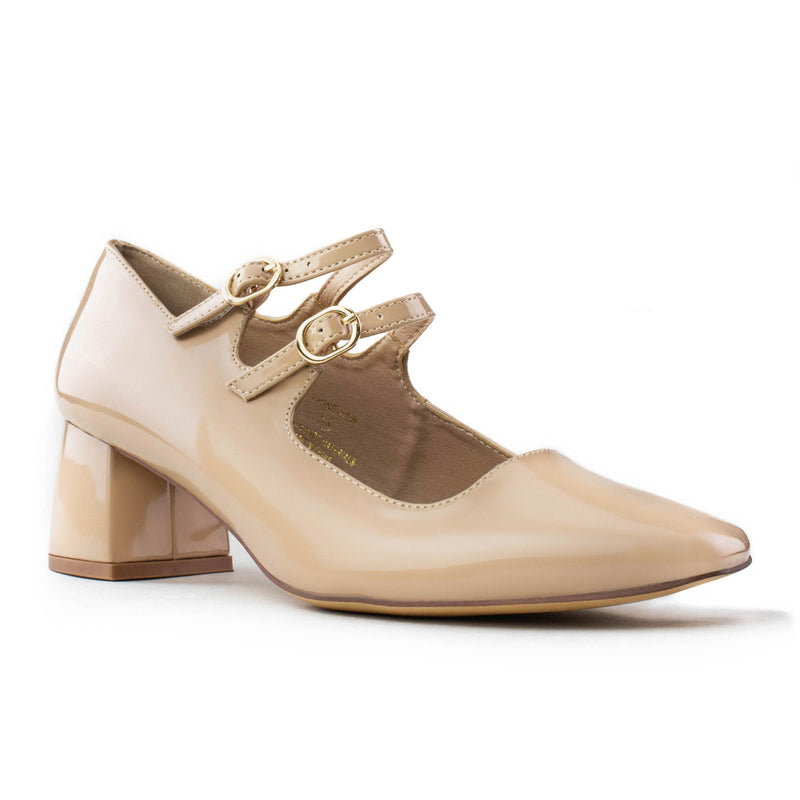 "Wide Width" Square Toe Medium Chunky Heel Mary Jane Pumps NUDE PATENT