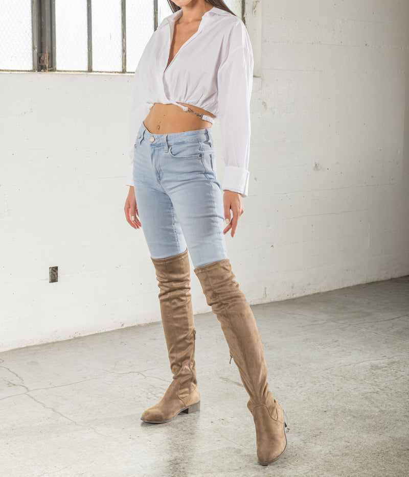 "Wide Calf & Wide Width" Chunky Heel Over The Knee Boots TAUPE