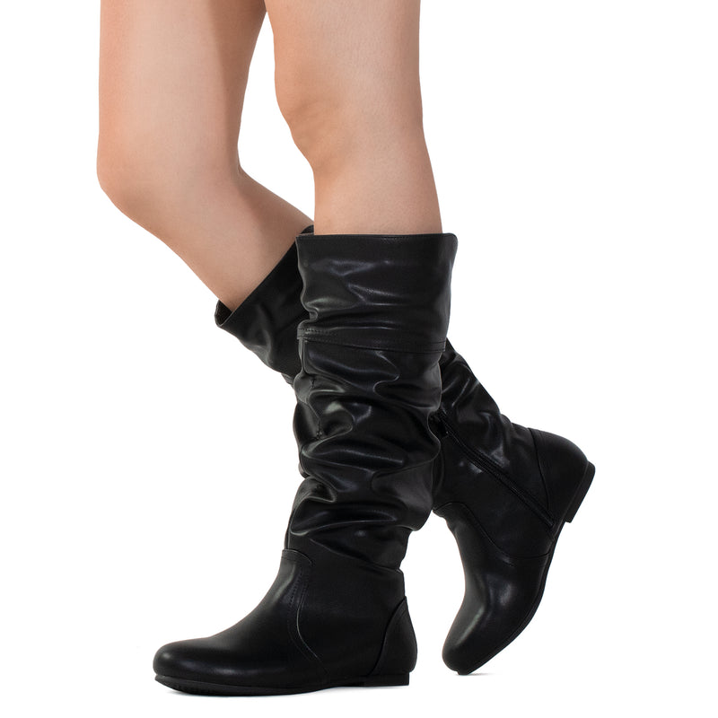 "Regular Calf" Slouchy Knee High Boots BLACK LETHERETTE