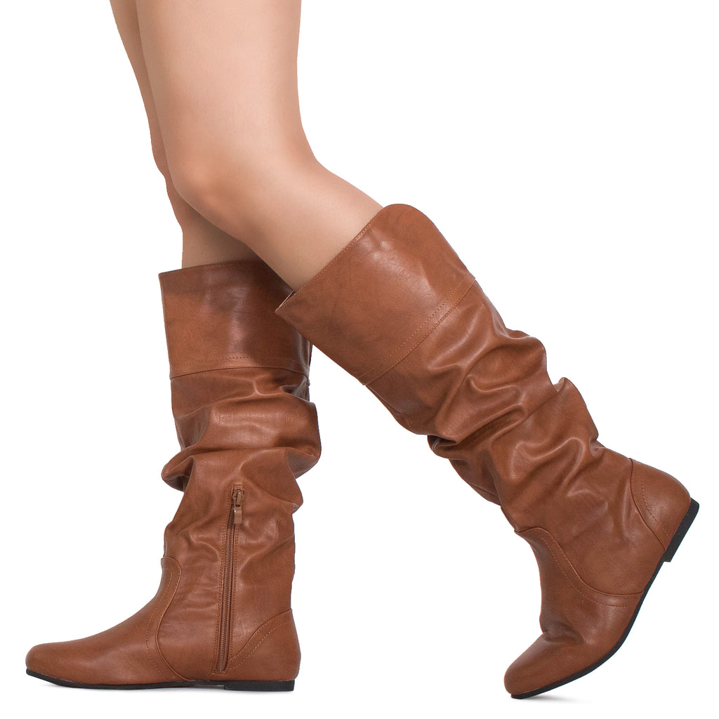 "Regular Calf" Slouchy Knee High Boots TAN
