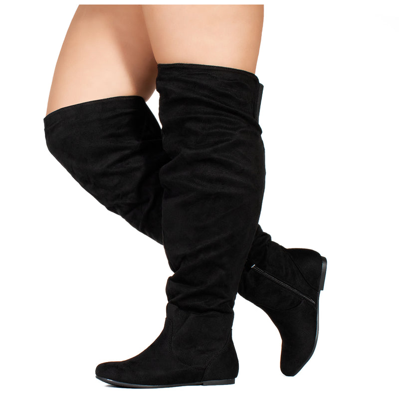 "Wide Calf" Women's Stretchy Over The Knee Slouchy Boots BLACK SUEDE