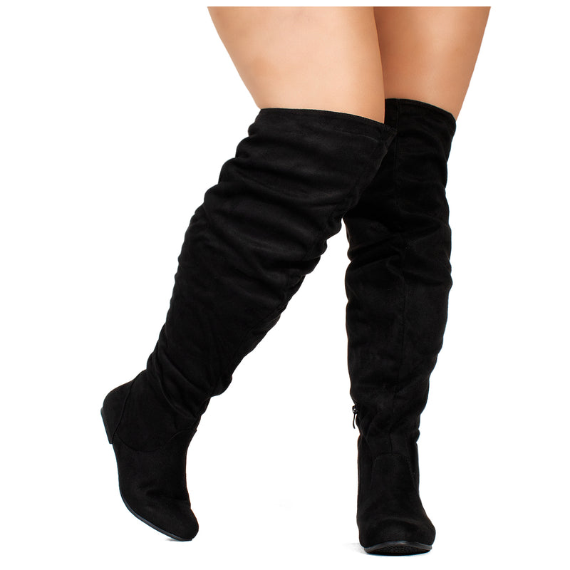 "Wide Calf" Women's Stretchy Over The Knee Slouchy Boots BLACK SUEDE