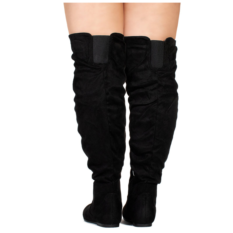 "Wide Calf" Women's Stretchy Over The Knee Slouchy Boots BLACK SUEDE