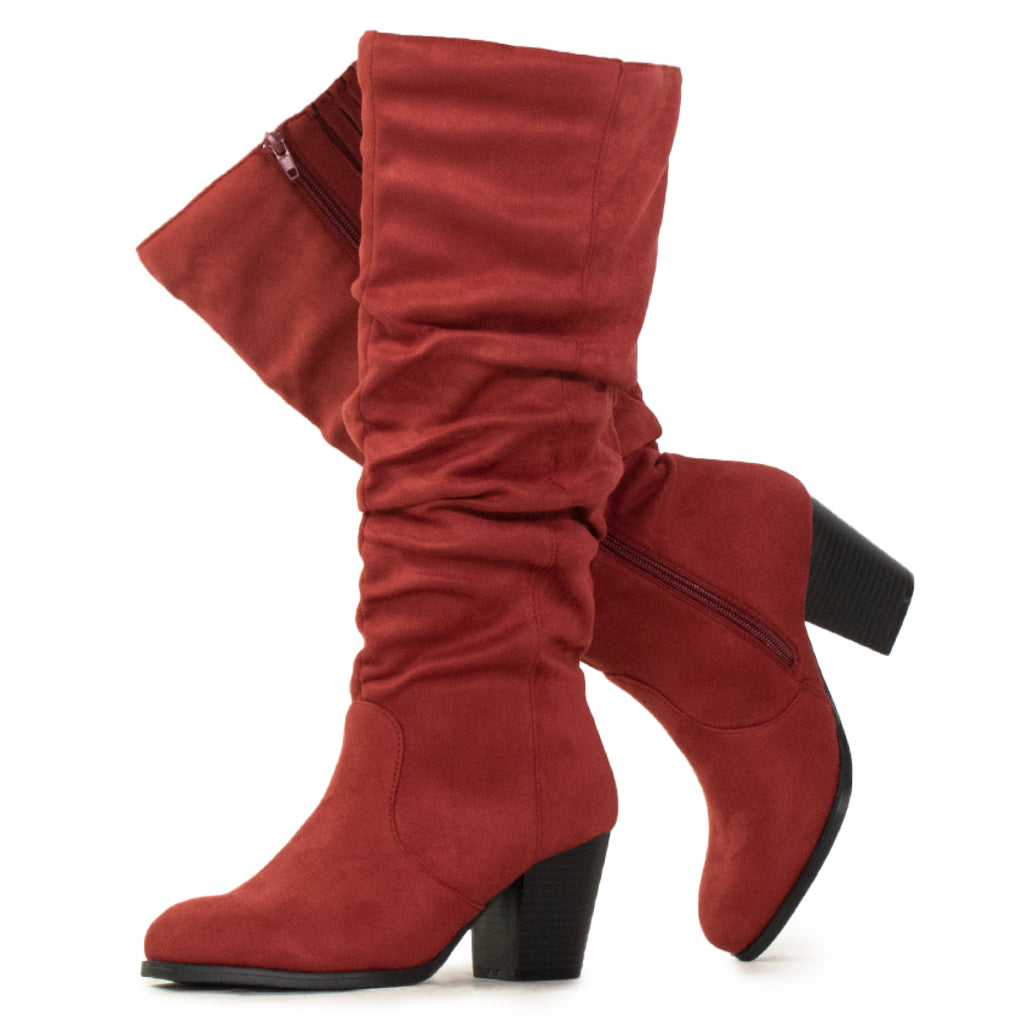 "Wide Calf" Block Heel Dress Boots WINE