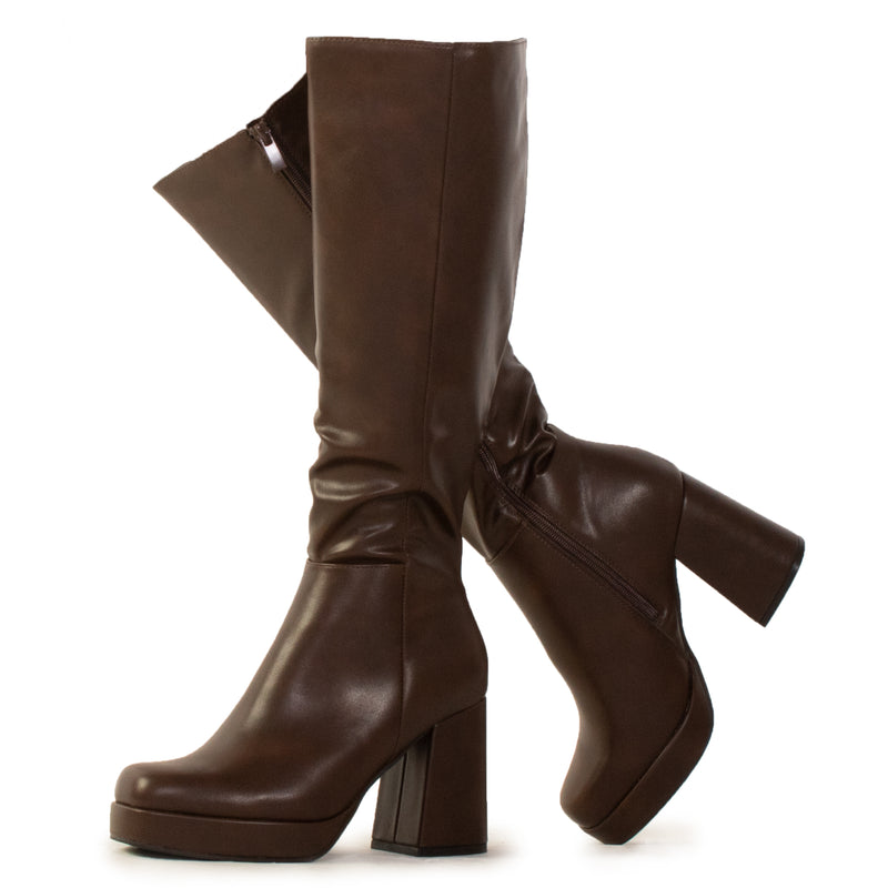 "Regular Calf" Women's Go Go Knee High Platform Boots BROWN