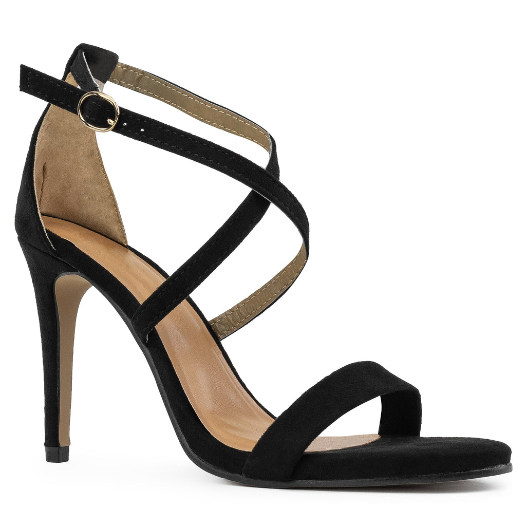 Open Toe Criss Cross Ankle Strap Stiletto Heel Dress Sandal Pumps BLACK SUEDE