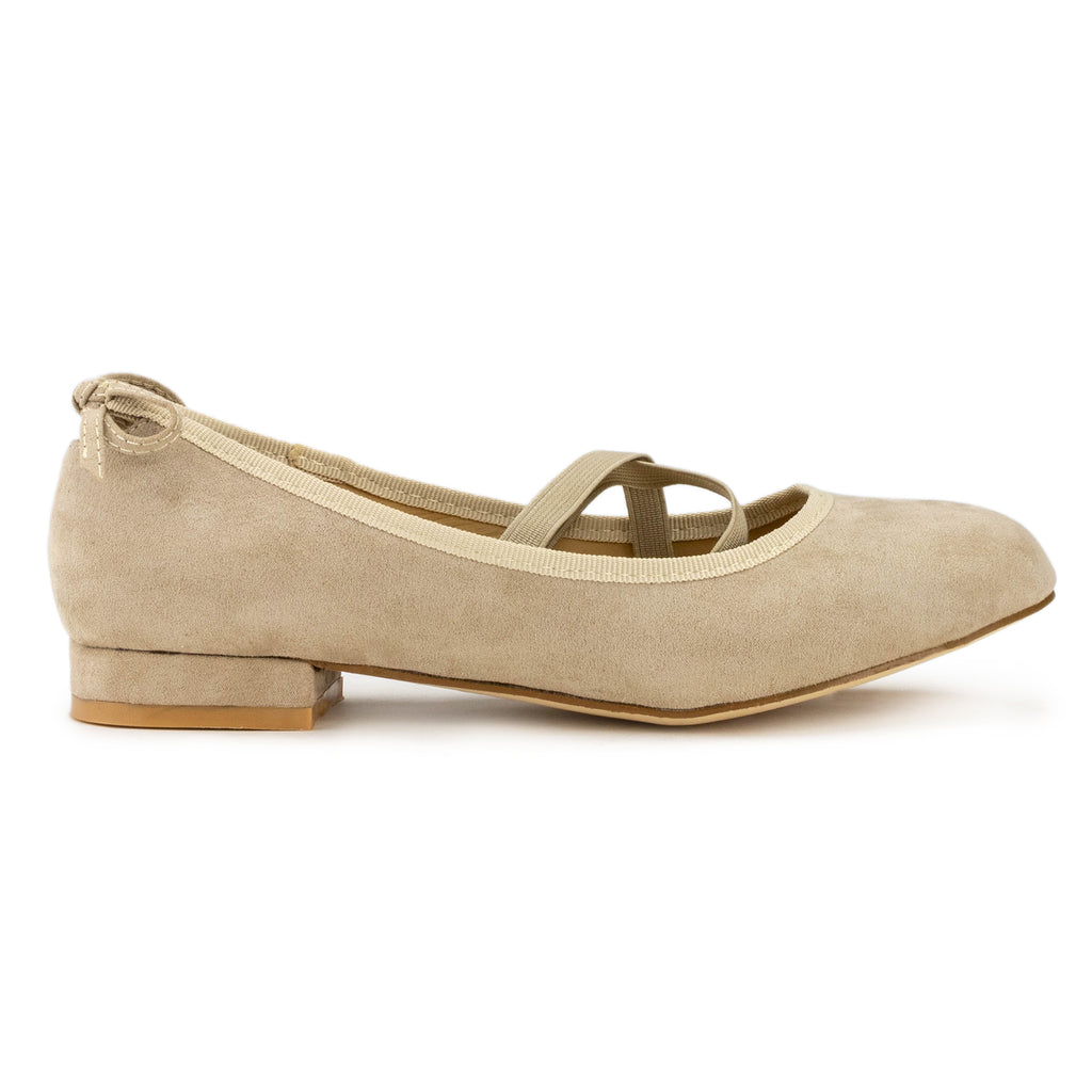 Mary Jane Ballet Flats Slip On Ballerina Flat Low Chunky Heel Bow Straps TAUPE