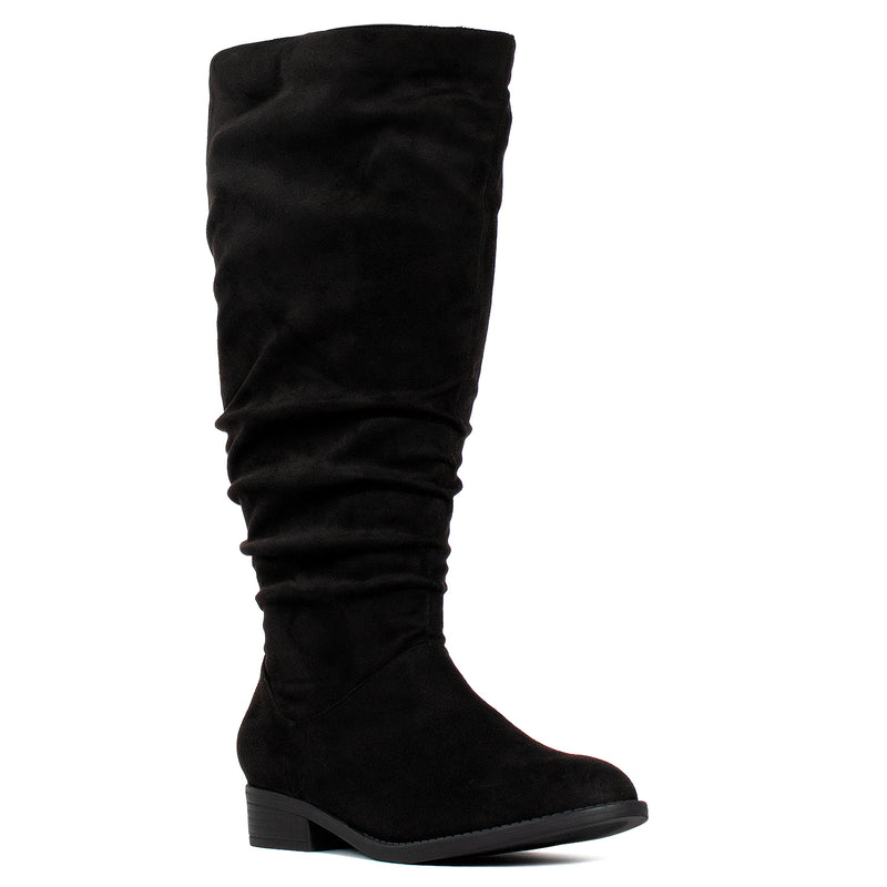 "Wide Calf & Wide Width" Low Heel Slouchy Knee High Boots BLACK
