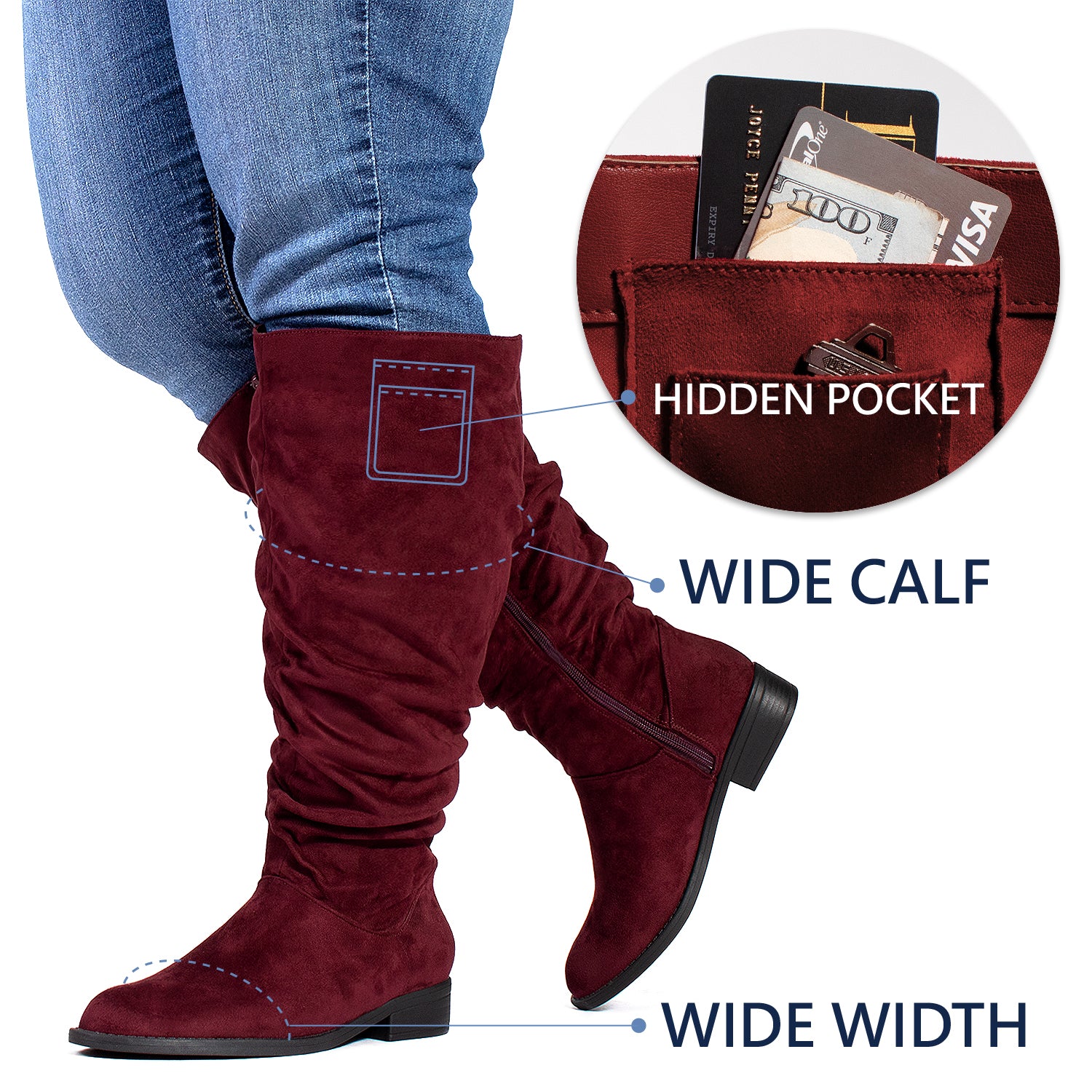 RF ROOM OF FASHION Women's Slouchy Knee High Boots – Wide Calf In Cognac PU, Size 8.5 Wide – Comfy & Stylish With Hidden Pocket!