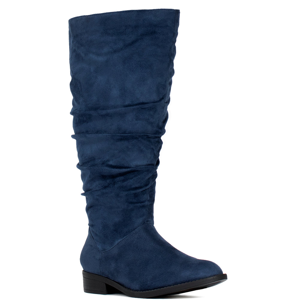 "Wide Calf & Wide Width" Low Heel Slouchy Knee High Boots NAVY