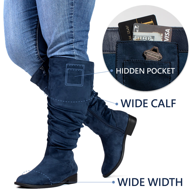 "Wide Calf & Wide Width" Low Heel Slouchy Knee High Boots NAVY