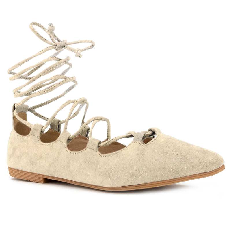 Vegan Pointed Toe D'Orsay Ballet Flats Ankle Strap Wrap Flat Shoes BEIGE