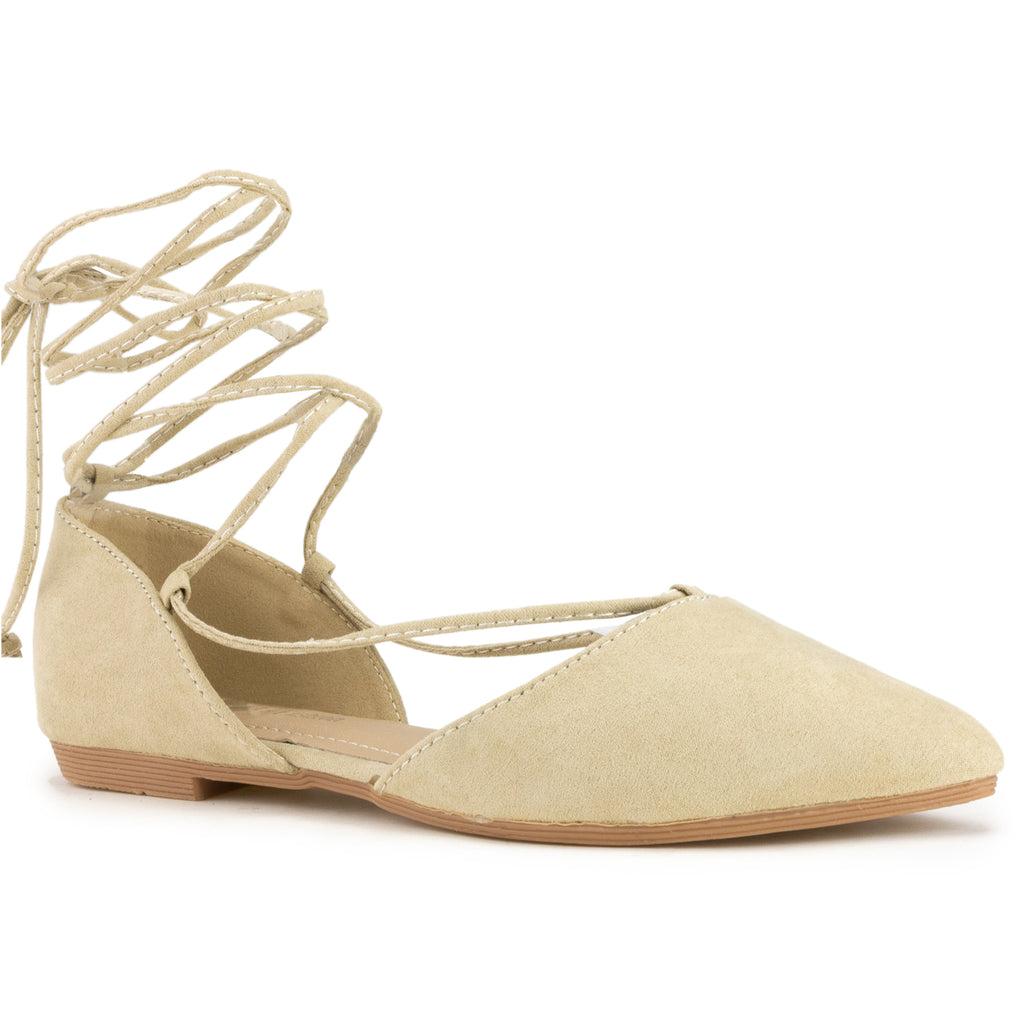 Vegan Pointed Toe D'Orsay Ballet Flats Ankle Strap Wrap Flat BEIGE SU