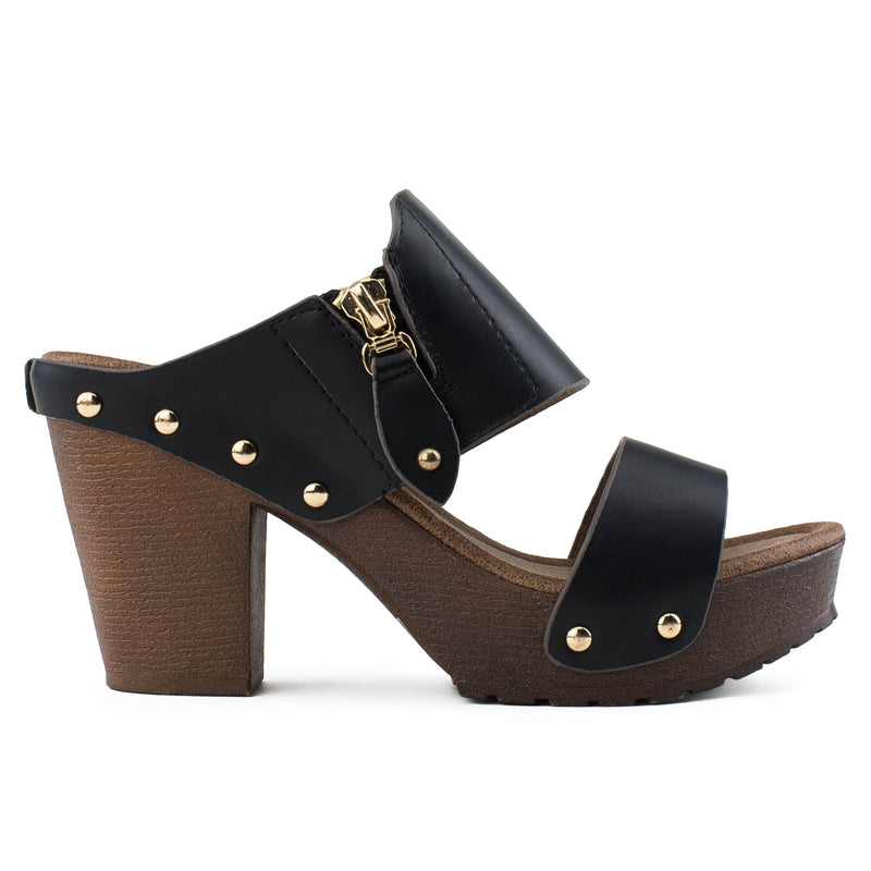 Double Band Faux Wood Chunky Heel Mules BLACK