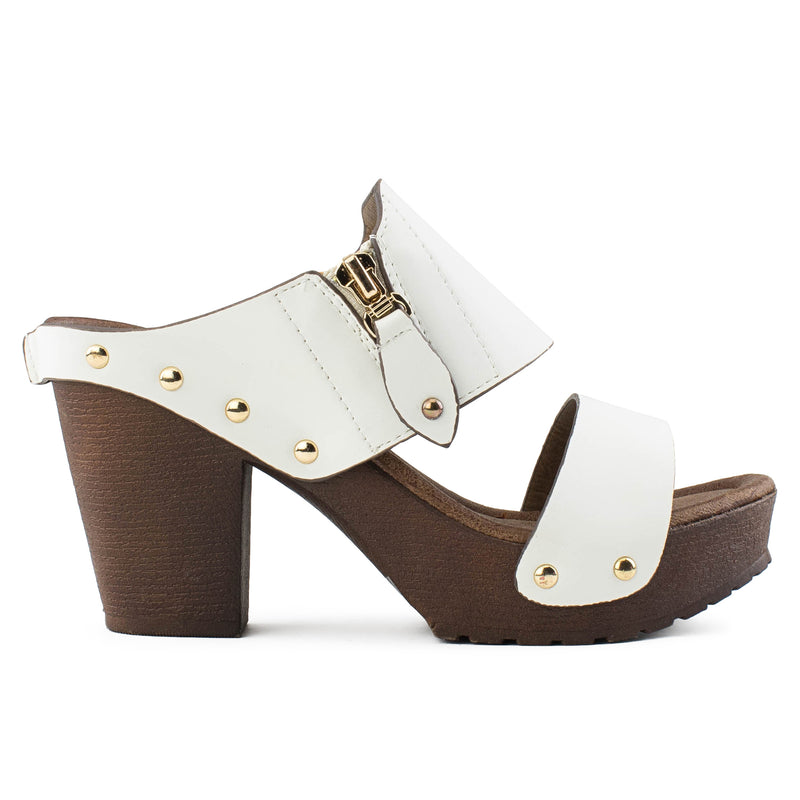 Double Band Faux Wood Chunky Heel Mules WHITE