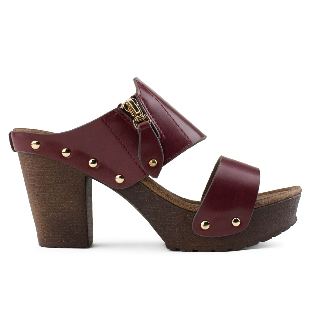 Double Band Faux Wood Chunky Heel Mules WINE