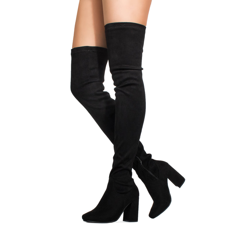 Women's Fitted Over The Knee Thigh High Chunky Heel Stretch Boots BLACK