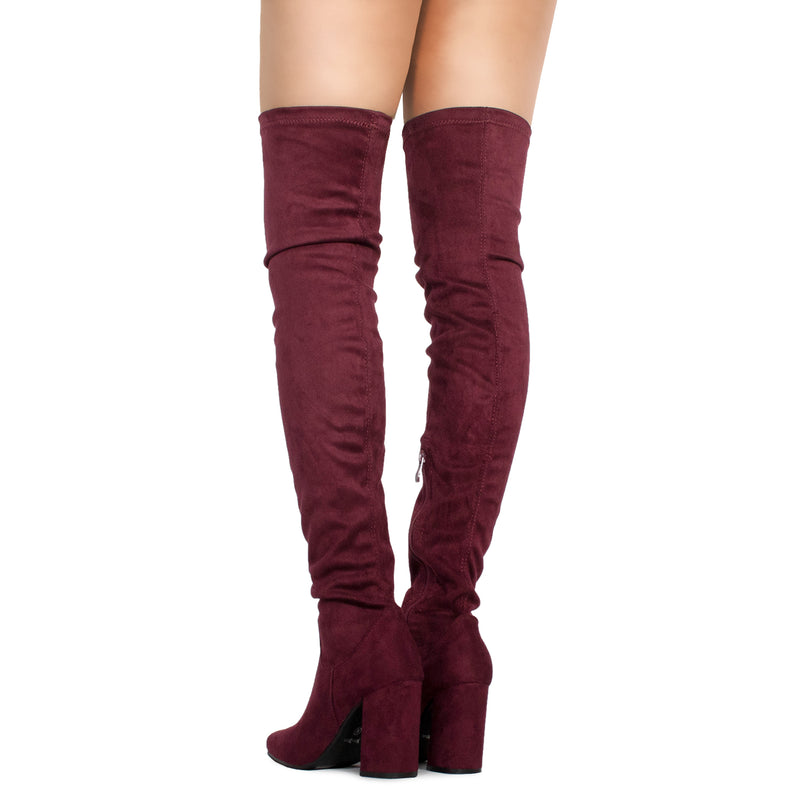 Women's Fitted Over The Knee Thigh High Chunky Heel Stretch BURGUNDY