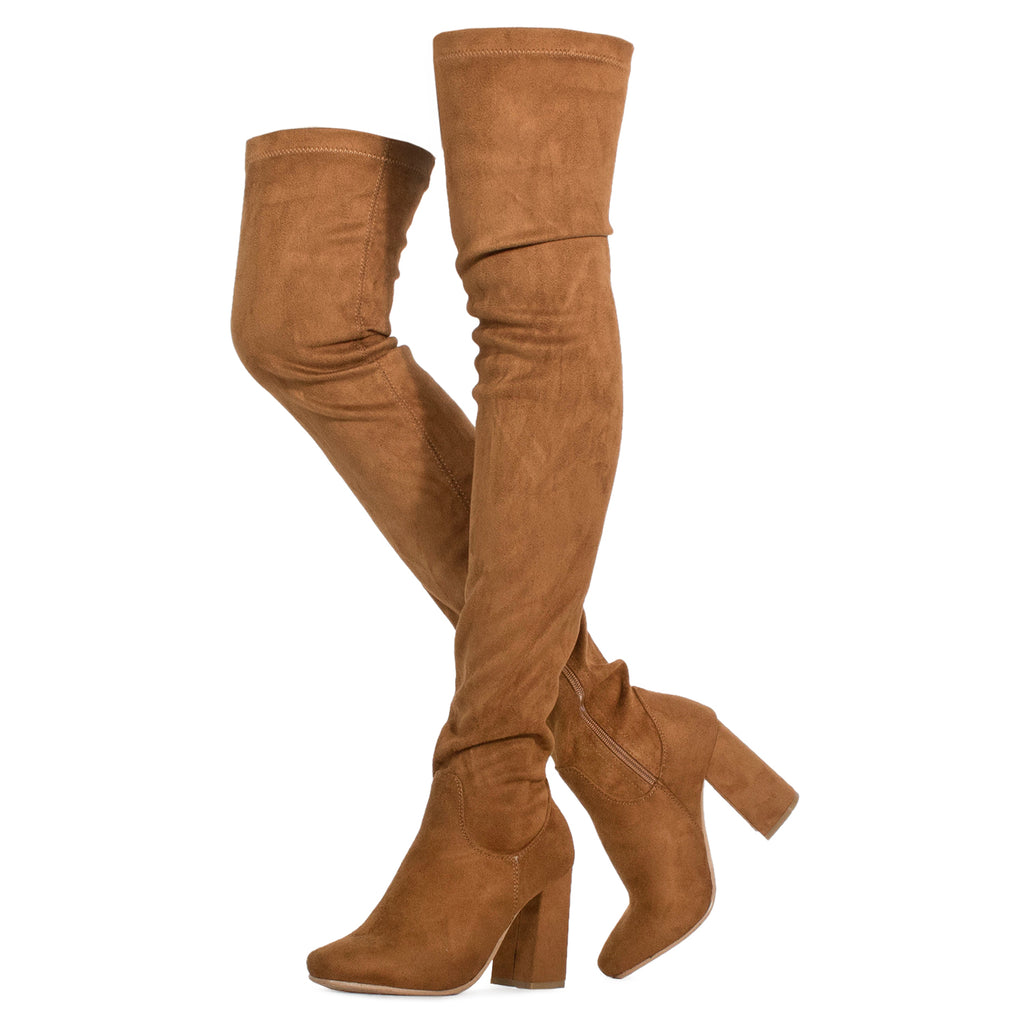 Women's Fitted Over The Knee Thigh High Chunky Heel Stretch Boots CAMEL