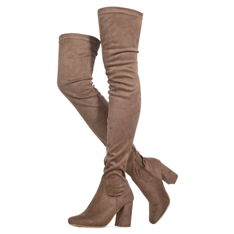 Women's Fitted Over The Knee Thigh High Chunky Heel Stretch Boots TAUPE