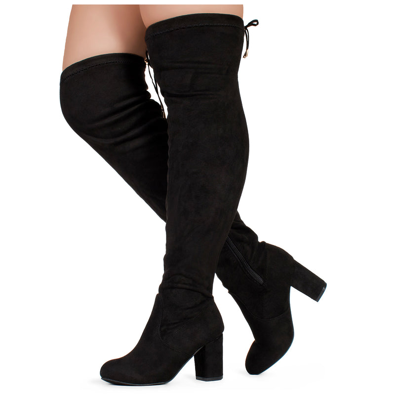 "Wide Calf" Over The Knee Chunky Heel Stretch Boots BLACK