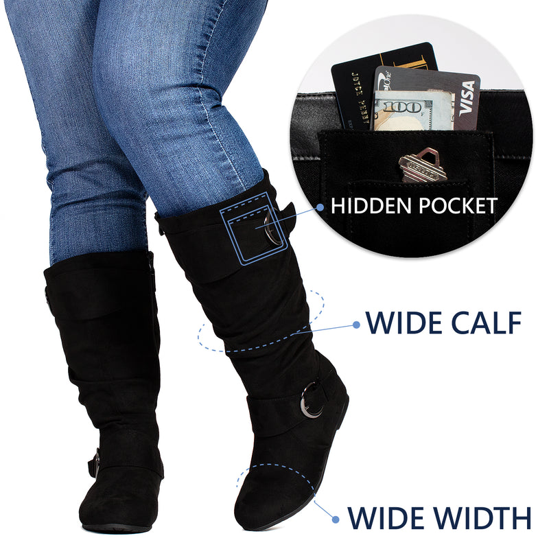 "Wide Calf & Wide Width" Wedge Knee High Boots BLACK