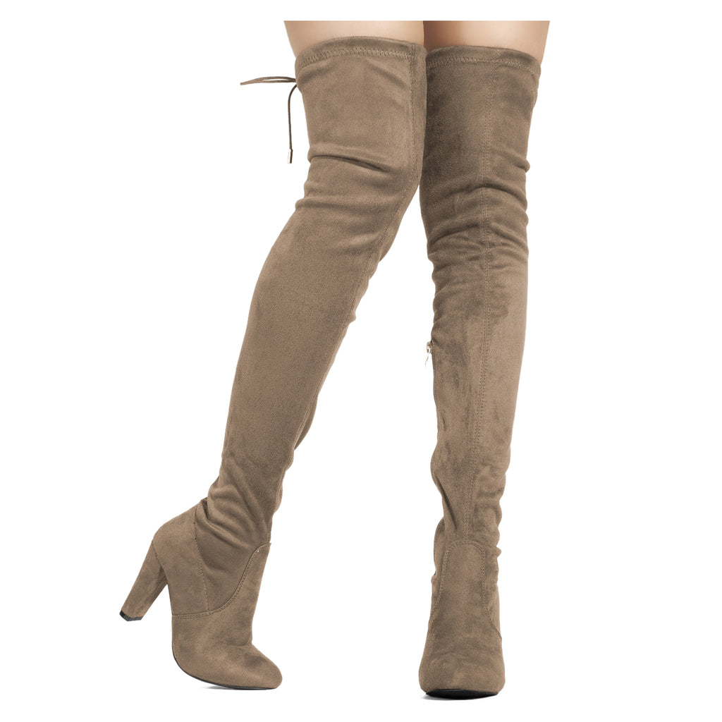 Women's Vegan High Heel Side Zipper Thigh High Over The Knee Boots TAUPE