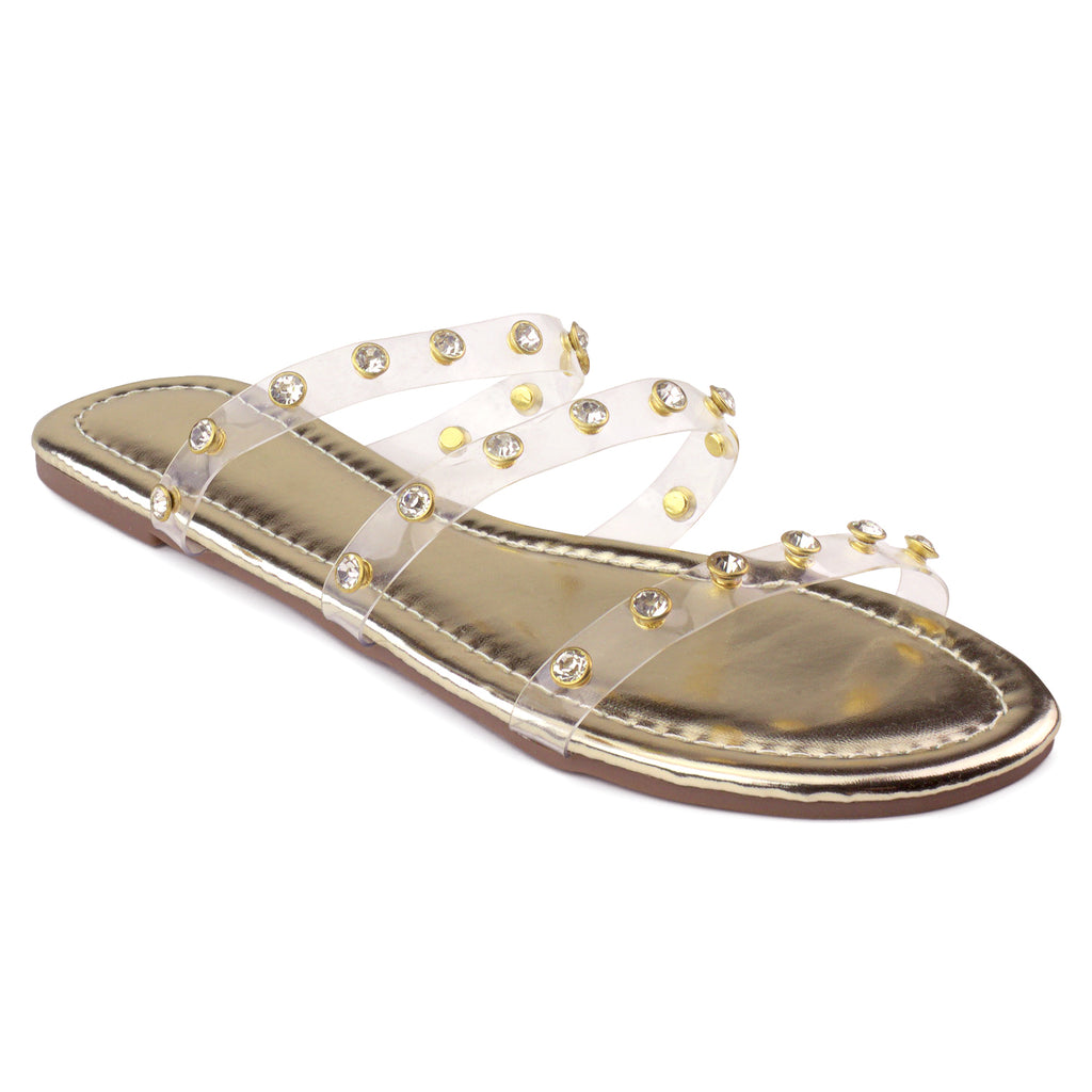 Double Clear Band Slide On Flat Sandals GOLD