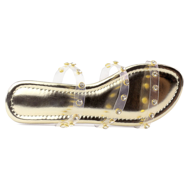 Double Clear Band Slide On Flat Sandals GOLD