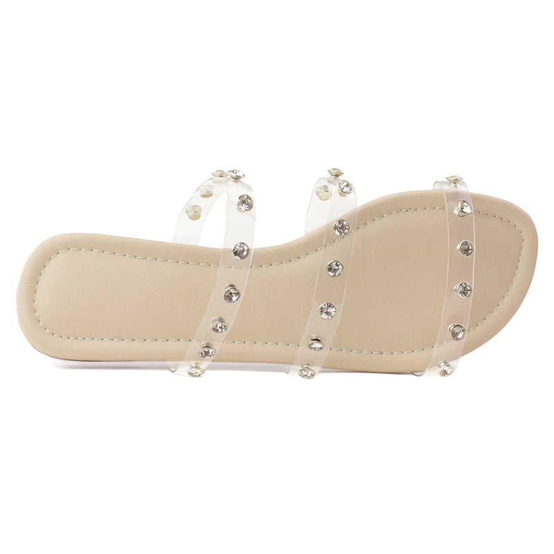 Double Clear Band Slide On Flat Sandals NUDE