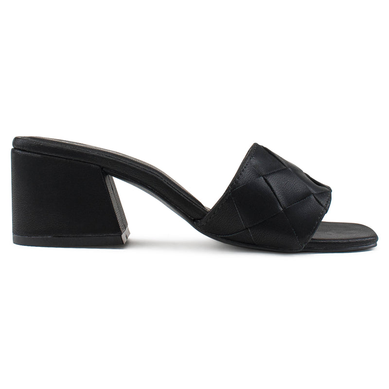 Open Toe Slip On Mule Block Heel Sandals BLACK