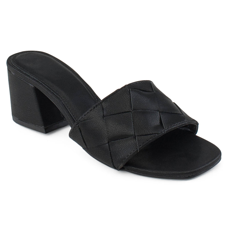Open Toe Slip On Mule Block Heel Sandals BLACK