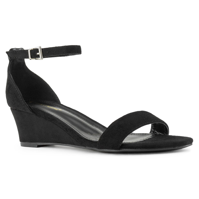 "Wide Width" Ankle Strap Low Platform Heel Wedge Sandals BLACK